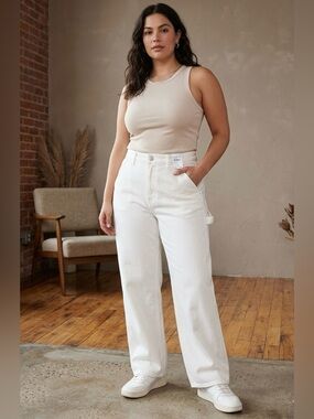 Good American Petite 90s Relaxed Wide Straight Jeans Cloud White Sz 14/32 30"